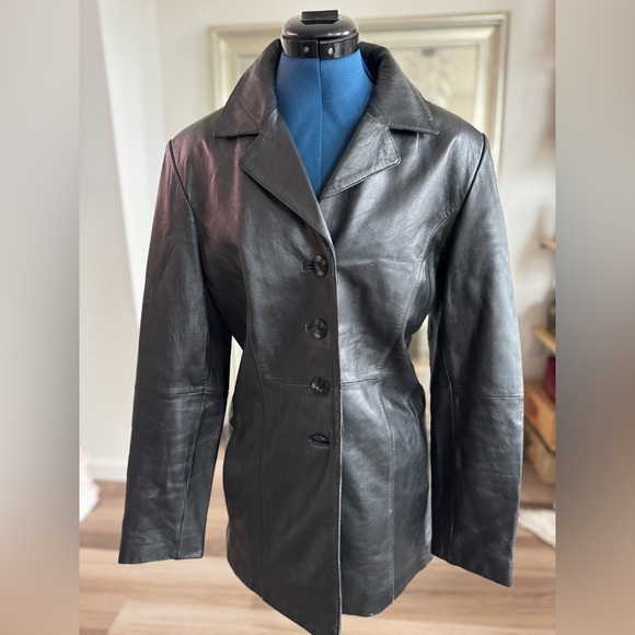 Vintage 90s Y2K Wilson’s Black Leather Button Down Coat Jacket Size M - Picture 10 of 13